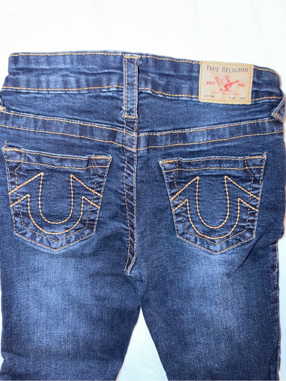 True Religion Girls Halle Mid Rise Super Skinny Dark Blue Denim w/ Tan Stitching